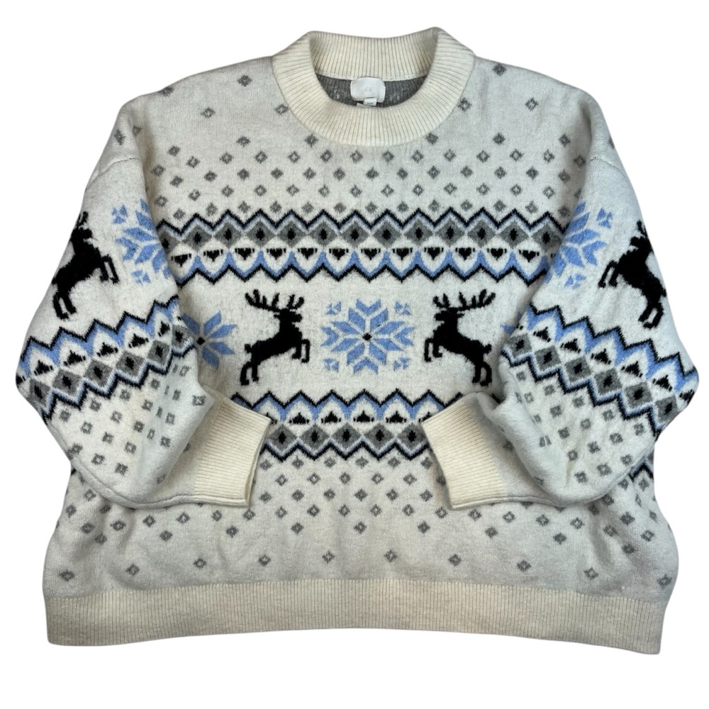 H&M Christmas Sweater in XXL, Cream Black & Blue Reindeer Pattern, Plus Size